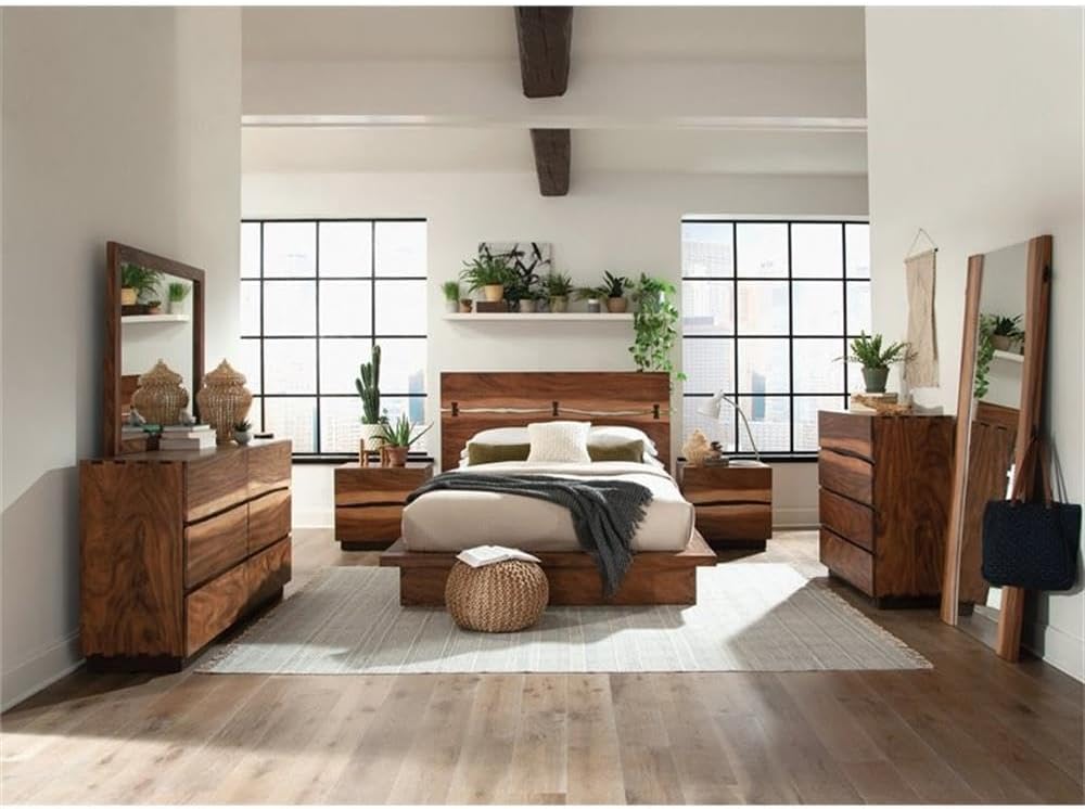 Coaster Home Furnishings Winslow Farmhouse 5-Piece Bedroom Set Live Edge California King Size Panel Bed Frame 52-inch Headboard Smokey Walnut 223250KW-S5