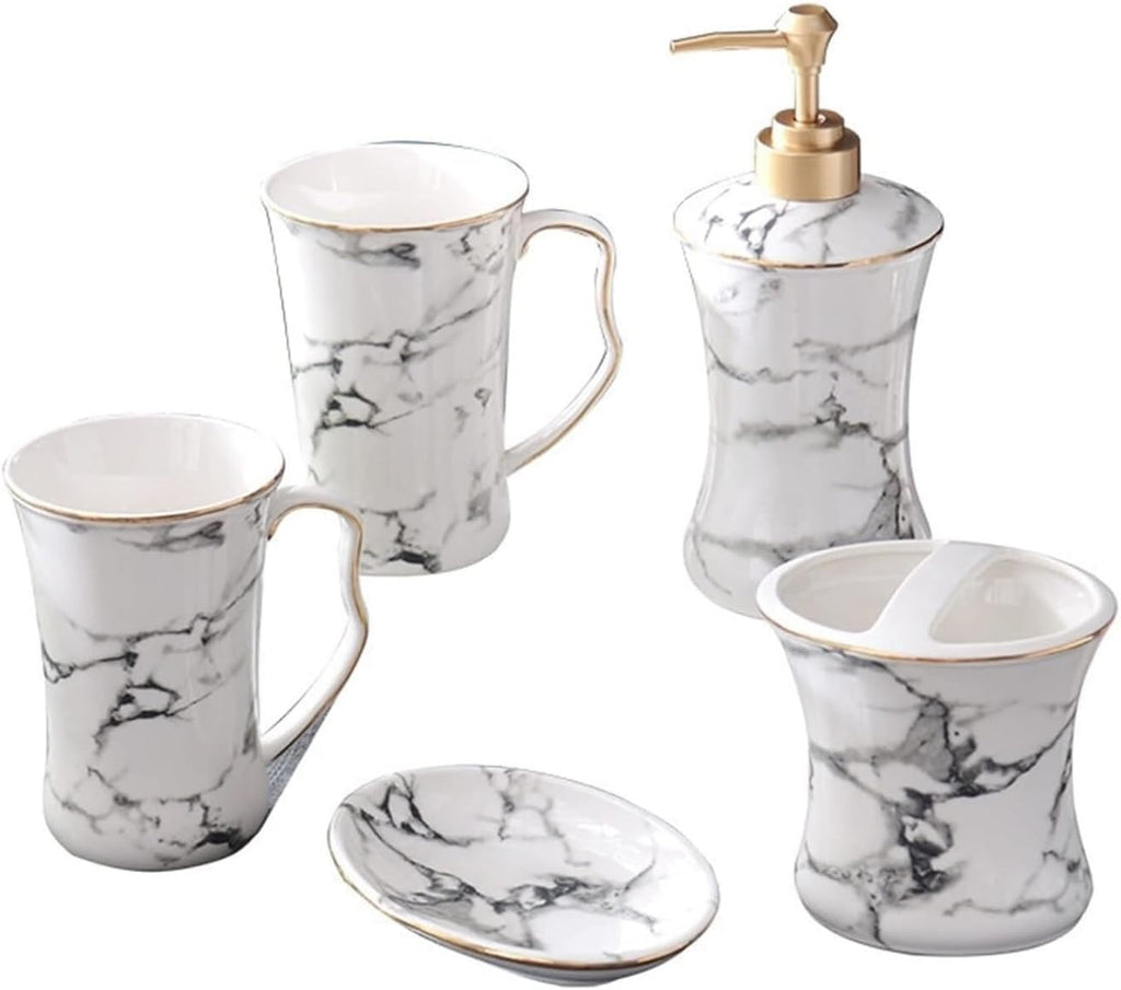 Vanity Bathroom Decor, 5 Piece Set Bathroom Accessories Set White Marble Pattern Ceramic Soap Dispenser Set Kitchen Accessories Housewarming Gift