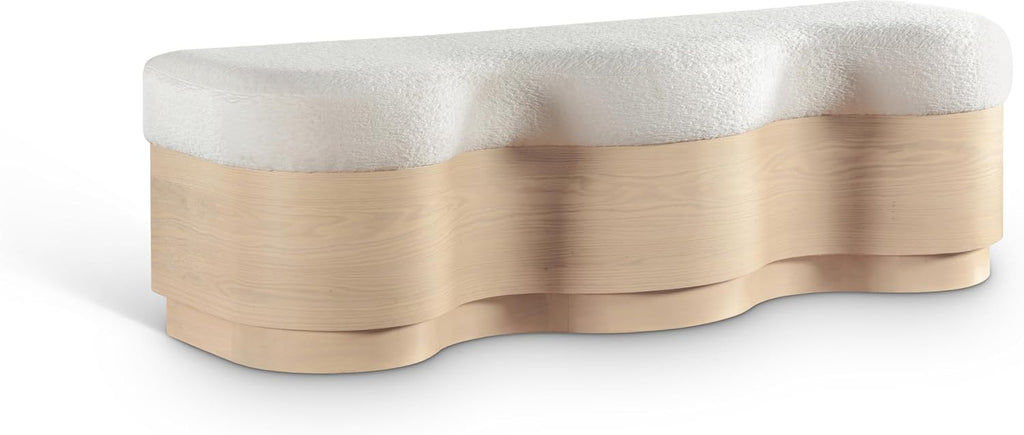 Meridian Furniture 22080Cream Savoy Collection Art Deco Bench with Soft Cream Velour Fur Fabric, Rich Natural Finish, Mix of Solid Wood & MDF, 60' W x 18.5' D x 18.5' H, Cream