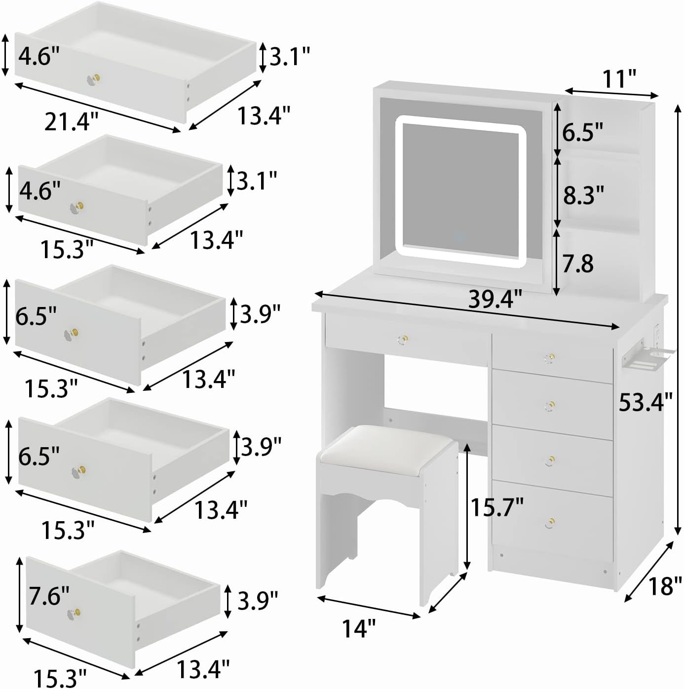 Homsee Vanity Desk Set Makeup Table with Large Sliding Lighted Mirror, Power Strip & Hair Dryer Holder, Modern Dressing Table with Drawers, Storage Shelves & Stool for Bedroom, White