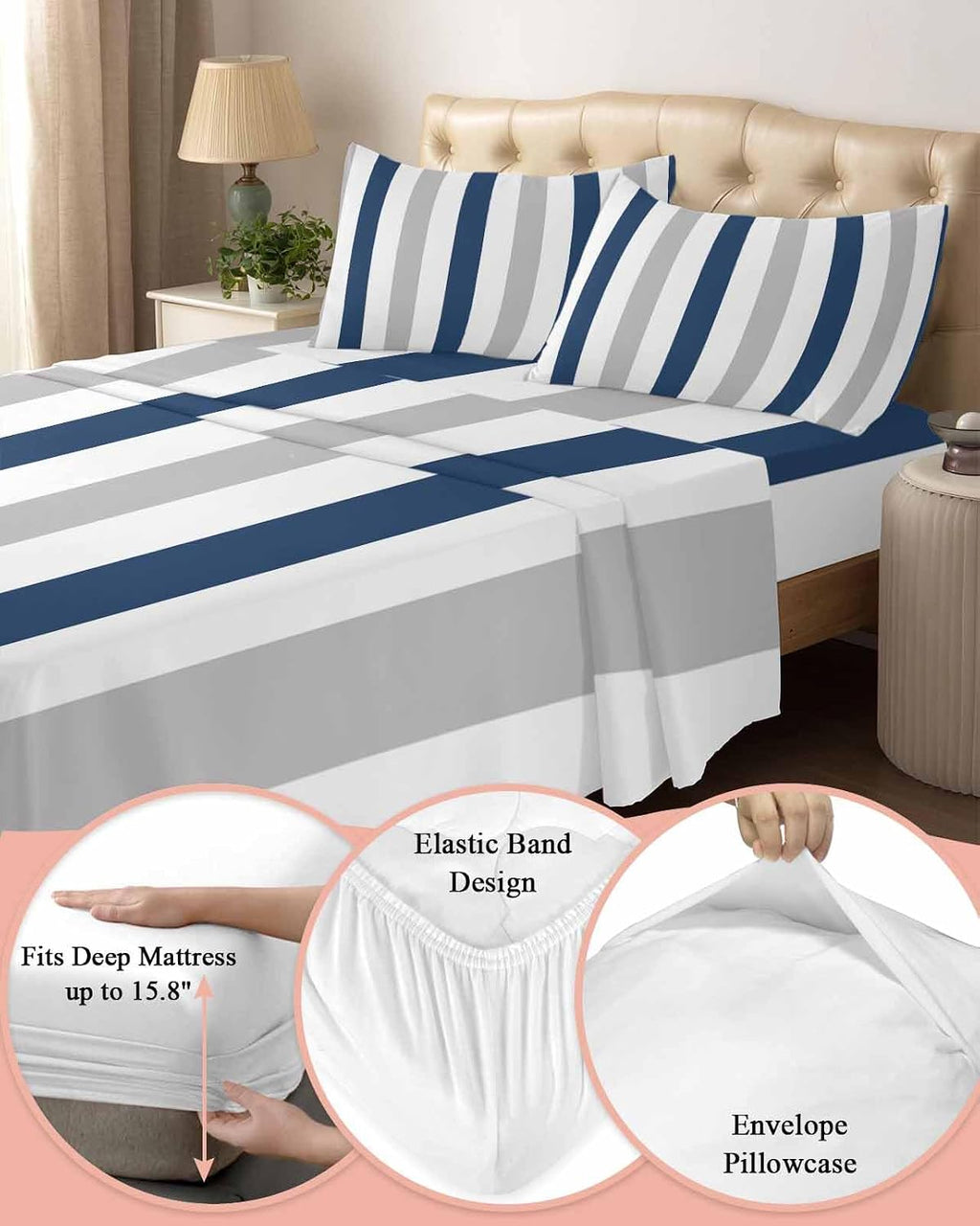 Navy Blue Striped King Sheet Set 4 Piece Bedding - Geometric Grey White Vertical Stripes Breathable Comfy Cooling Bed Sheets & Pillowcase Sets,Hotel Luxury Flat Sheets Deep Pockets Fitted Sheet