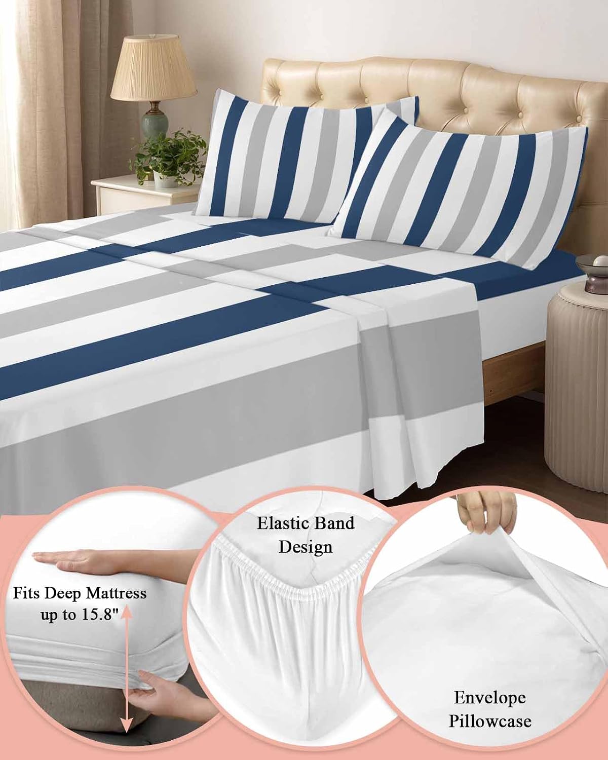 Navy Blue Striped King Sheet Set 4 Piece Bedding - Geometric Grey White Vertical Stripes Breathable Comfy Cooling Bed Sheets & Pillowcase Sets,Hotel Luxury Flat Sheets Deep Pockets Fitted Sheet