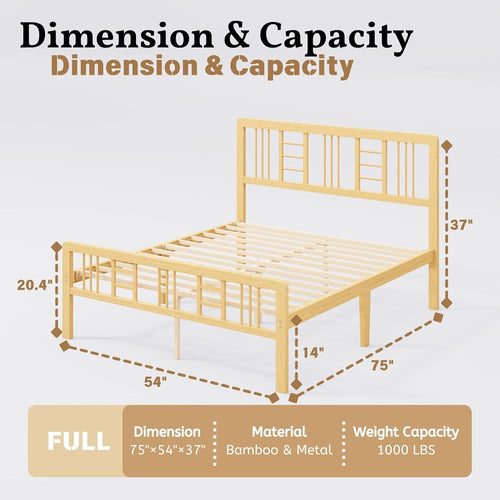 14 Inch Bamboo Wood Full Size Platform Bed Frame with Headboard and Footboard, Metal Slat Support Bed Frame Full Heavy Duty, No Box Spring Needed, Easy Assembly, Noise Free, Reinforced