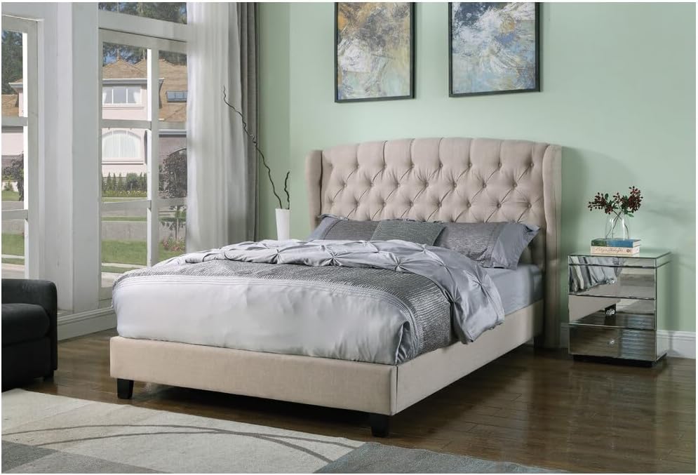 Best Master Furniture Yvette Upholstered Tufted with Wingback Platform Bed King Beige