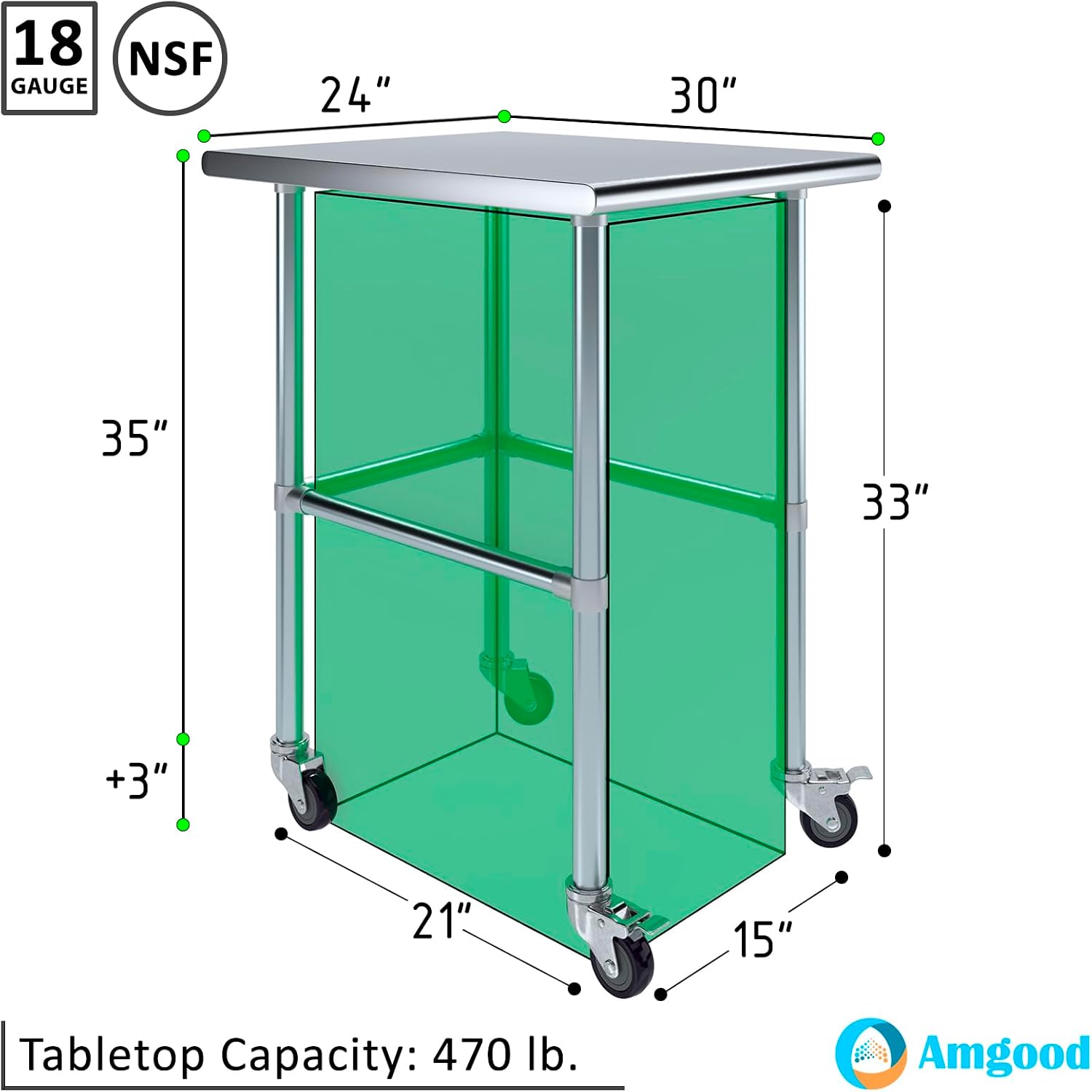 AmGood Stainless Steel AMG-WT-3024-RCB-WHEELS-MGL2Table Open Base + Casters, 24' Long x 30' Deep