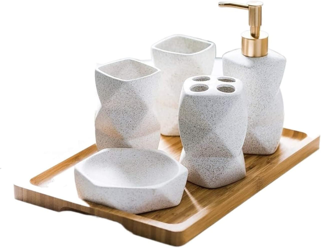 Vanity Bathroom Decor, 6 Pieces Bathroom Accessories Set Matte Ceramic Diamond Pattern Bath Ensemble Bath Set Nordic Style Housewarming Gift(Pink)