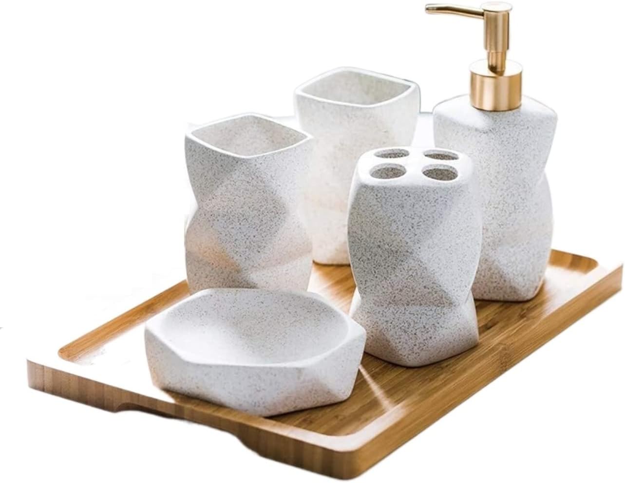 Vanity Bathroom Decor, 6 Pieces Bathroom Accessories Set Matte Ceramic Diamond Pattern Bath Ensemble Bath Set Nordic Style Housewarming Gift(White)
