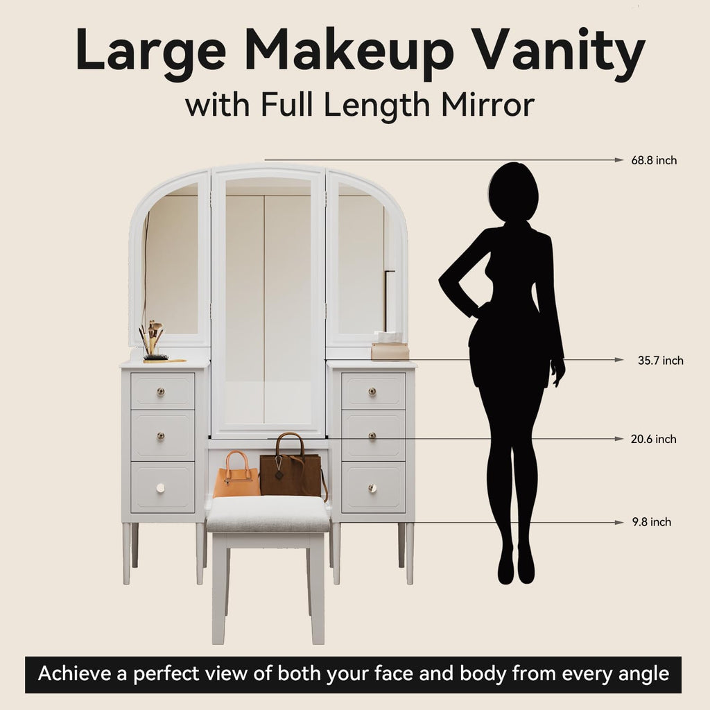 Merax Antique Vanity Desk with Triple Mirror, 46' Makeup Vanity Set with Cushioned Stool, Large Dressing Table with 6 Storage Drawers for Bedroom Dressing Room, White