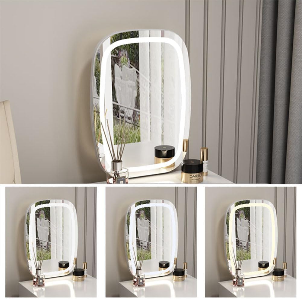 Rieort Vanity Desk Nordic Vanity Benches with Drawers and Led Lighted Mirror Vanity Table Set Cushioned Stool Elegante Makeup Table