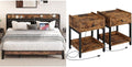 LIKIMIO King Bed Frame with Storage Headboard and Charging Station, Set of 2 Nightstands with Drawers, Shelves and Charging Stations, Vintage Brown