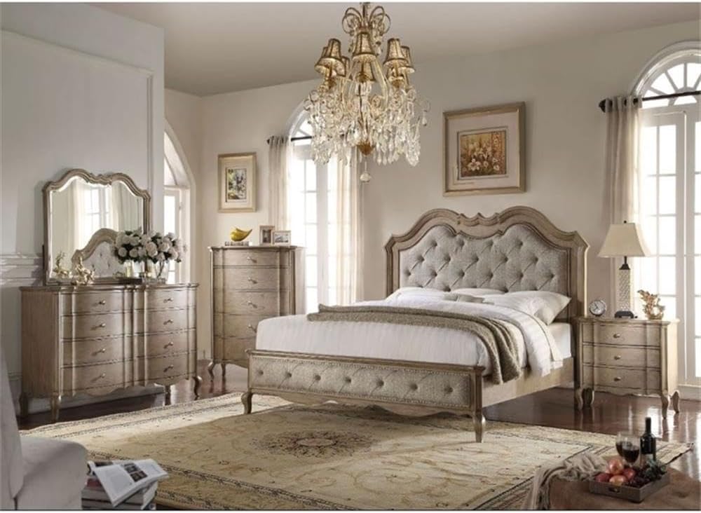 ACME Chelmsford Eastern King Bed - 26047EK - Beige Fabric & Antique Taupe