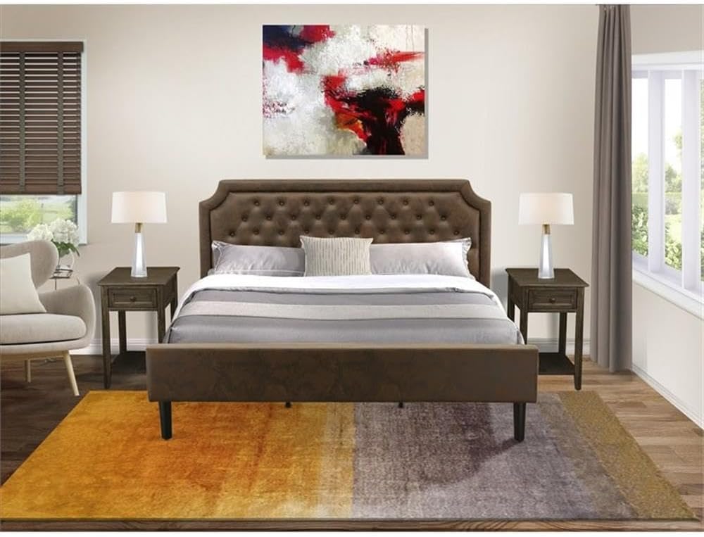 Pemberly Row 3-Piece Wood King Bedroom Set, Faux Leather Padded Bed with Two Nightstands, USB Ports, Dark Brown Jacobean Finish, Engineered Wood, Functional and Stylish Design for Modern Bedrooms