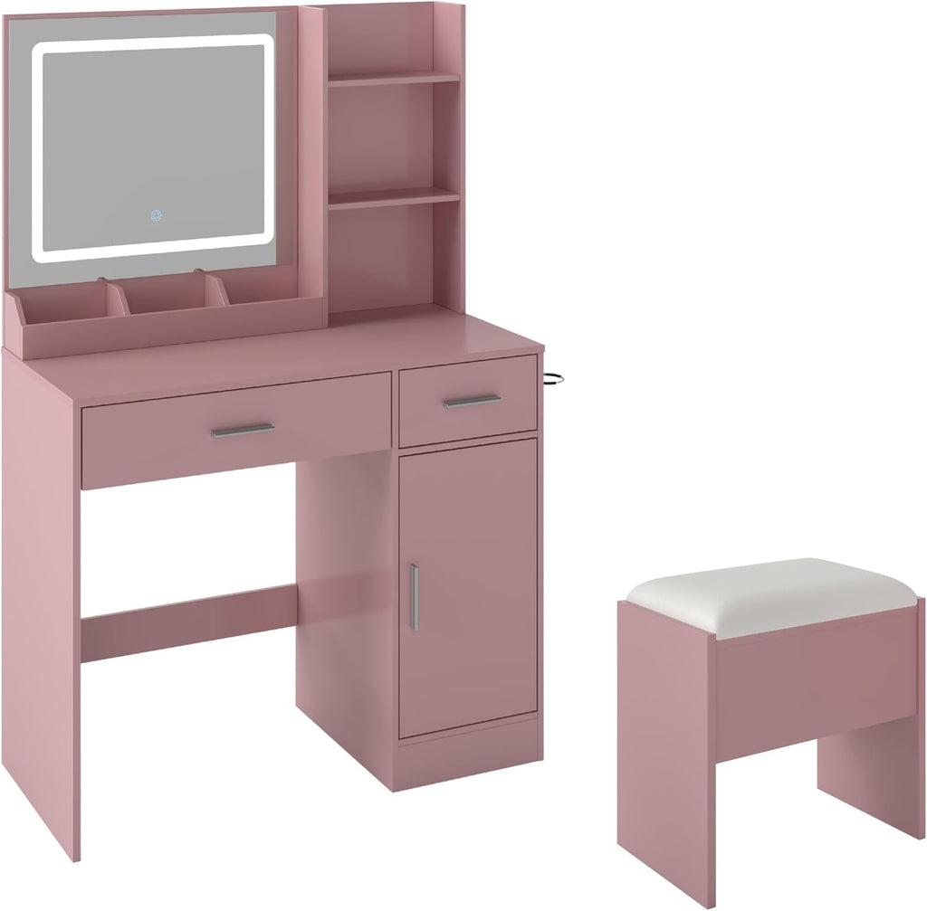 Roundhill Furniture Lavin Makeup Vanity Set, Vanity Desk with Stool, LED Light Mirror and Charging Station, Pink