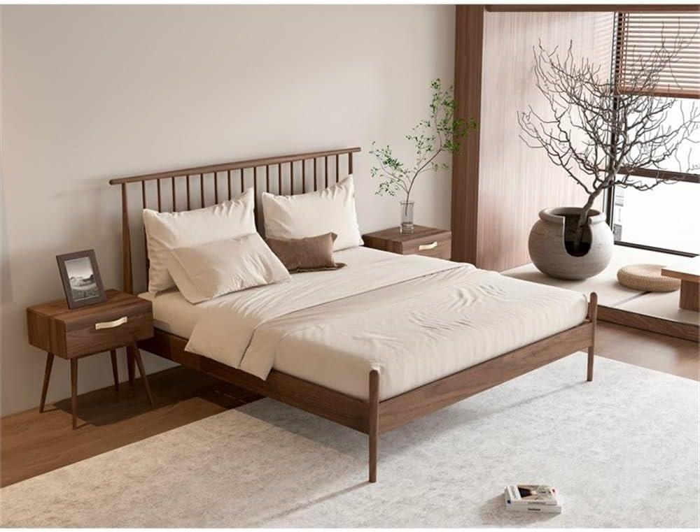 Pemberly Row Midcentury Bedroom Set, King Bed with Two Nightstands, Solid American Walnut Wood, Black Walnut Finish, Spindle Headboard, Sturdy Post Legs, Sleek Modern Design for Master Bedroom Decor
