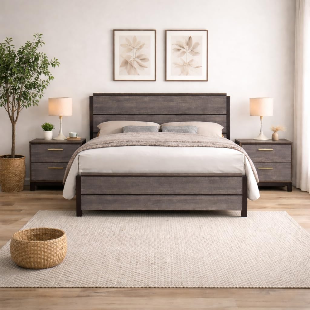Kings Brand Furniture 3-Piece Antique Grey Bedroom Set – King Size Wood Bed Frame with 2 Nightstands