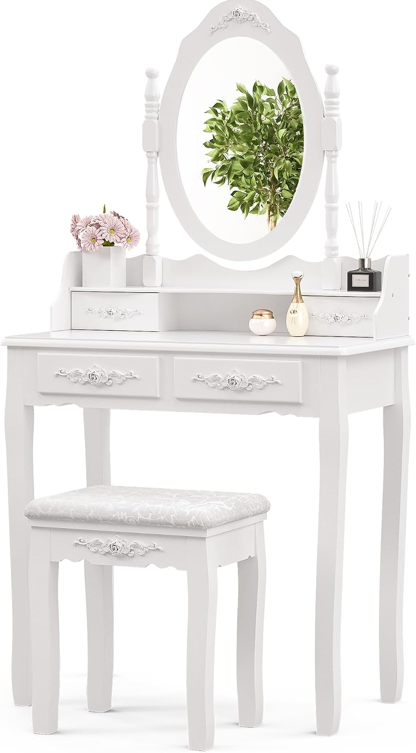Whalefall Girls Makeup Vanity Set with Mirror and Stool, Small White Dressing Vanity Desk Table with Chair and Mirror (White Vanity)