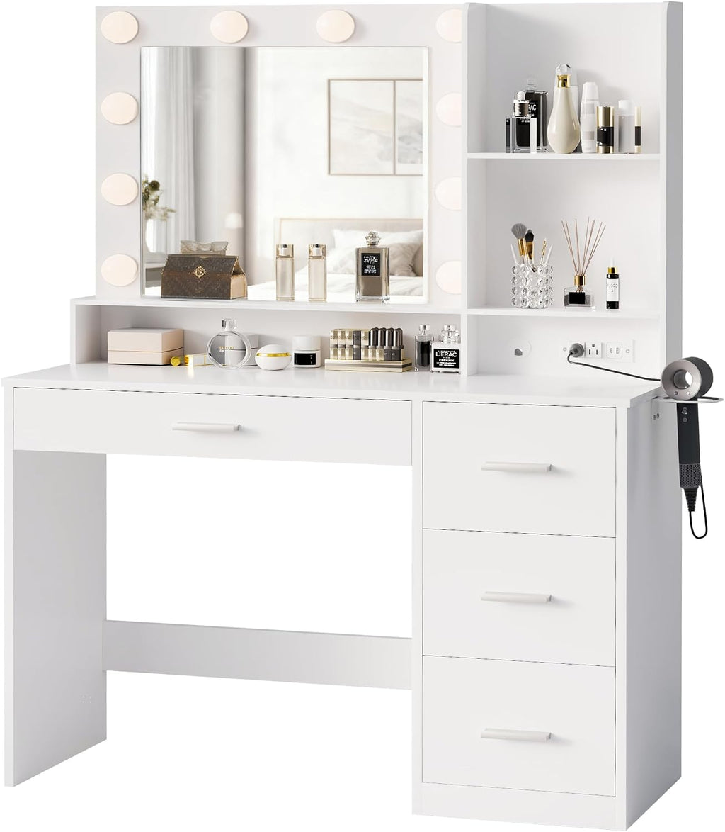 YESHOMY 39' Vanity Desk with Mirror & Lights, Makeup Vanity Table with Power Outlet & Storage Drawers, 3 Color LED Lighting, Dressing Table for Bedroom, Pure White