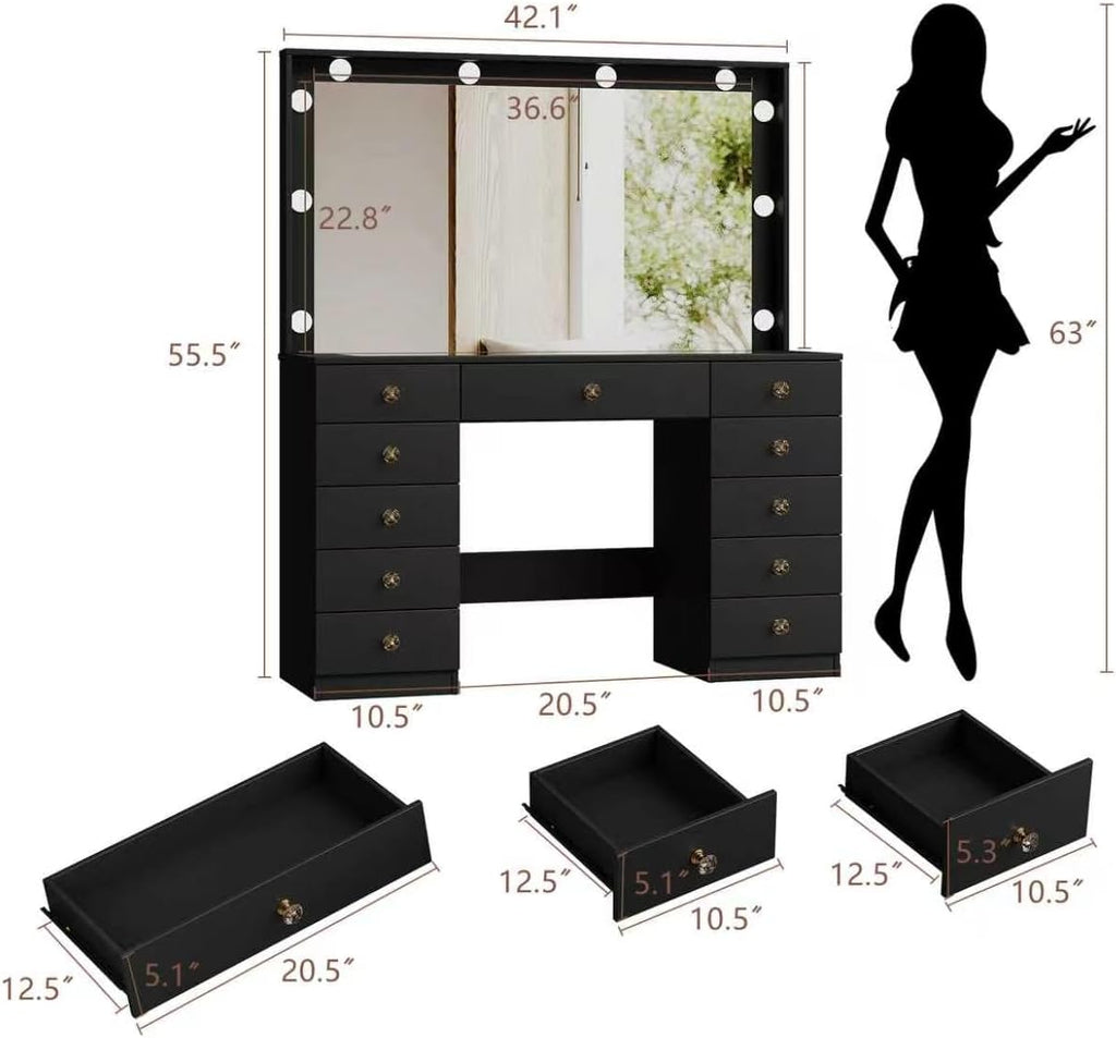 Vanity with Large Mirror and 10 LED Lights, Vanity Desk with Glasss Top, Makeup Desk with 11 Drawers & Power Outlet & Hair Dryer Stand, Dressing Table with Crystal Handles for Girls, Women (Black)