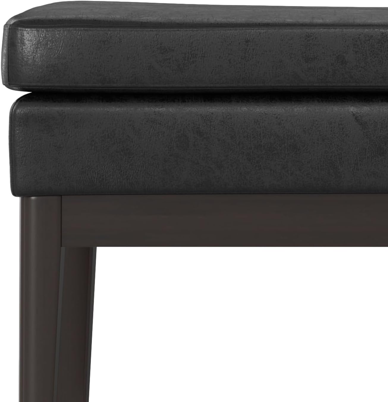 SIMPLIHOME Carlson Ottoman Bench - 45 inch Wide Upholstered Vegan Leather Rectangle Ottoman in Distressed Black, Mid Century Modern Bench for Bedroom, Entryway or Living Room with Padded Seat