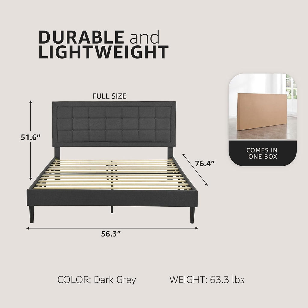 Decoro Mornington Upholstered 2.0 Platform Bed, Button-Tufted Fabric Headboard and Metal Frame with Wood Slat Support, Dark Grey, Full