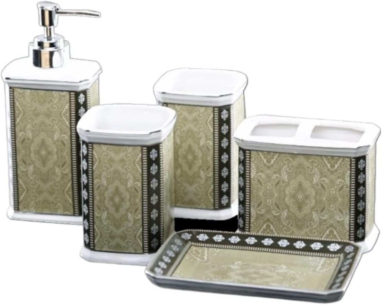 Vanity Bathroom Decor, 5 PCS Bathroom Accessory Set Ceramics Set Plastic Silver Edge Laminated Head with Tooth Brush Holder Housewarming Gift(Green)