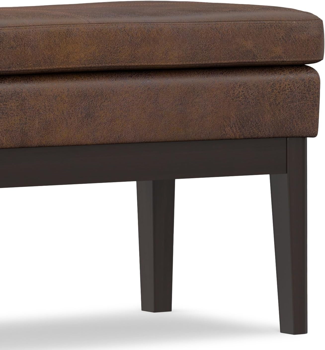 SIMPLIHOME Carlson Ottoman Bench - 45 inch Wide Upholstered Vegan Leather Rectangle Ottoman in Distressed Chestnut Brown, Mid Century Modern Bench for Bedroom or Living Room with Padded Seat