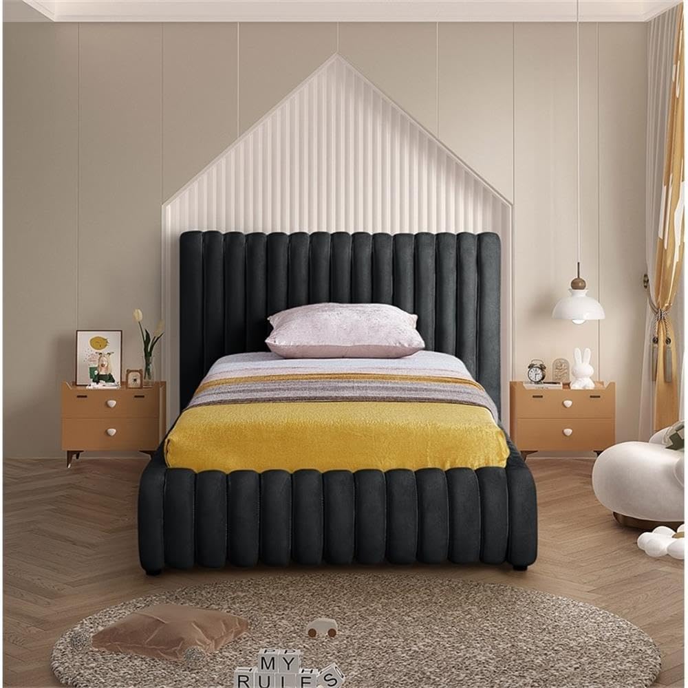 Pemberly Row Contemporary Velvet Twin Bed, 53' W x 86' D x 38' H, Deep Channel Tufted Rich Black Upholstery, Padded Headboard, Luxury Modern Bedroom Furniture