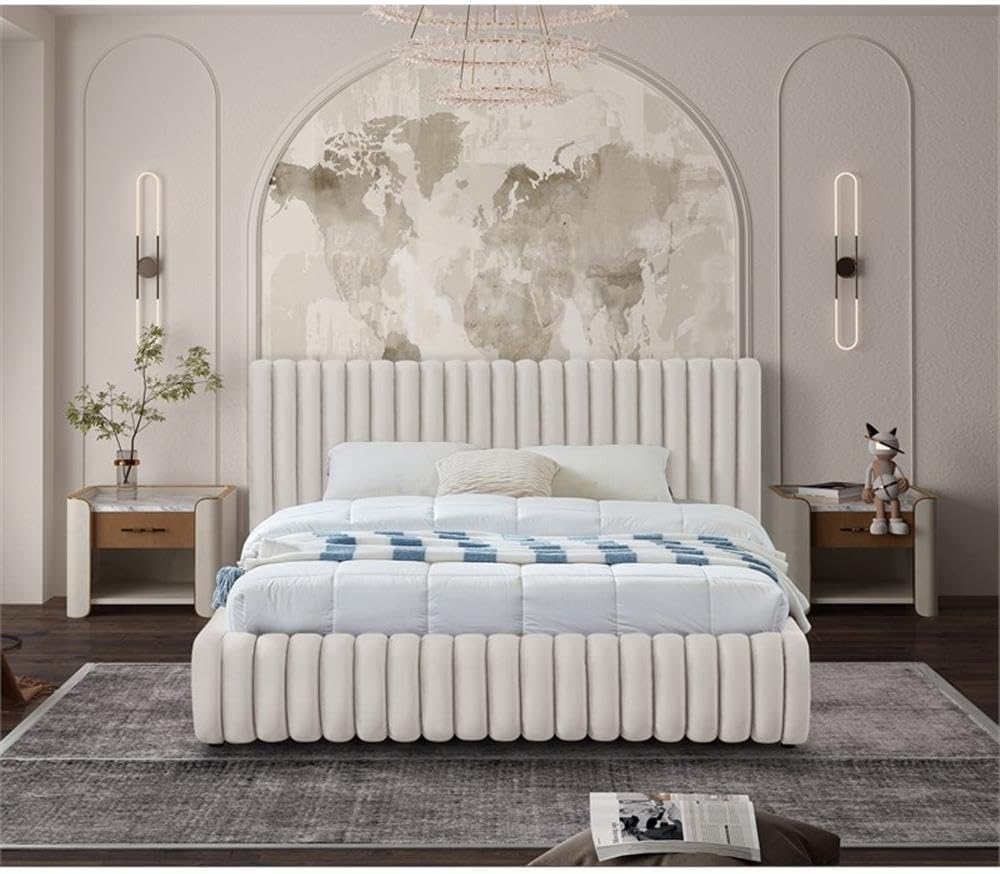 Pemberly Row King Bed, Cream Velvet Upholstery, Deep Channel Tufted Headboard and Footboard, Contemporary Transitional Design, Sturdy Construction, 89' W x 91' D x 38' H for Bedroom Decor