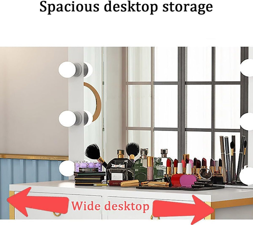 Vanity Desk with Lighted Mirror,Cosmetic Bedroom Dresser Make Up Desk,Vanities Benches Table Set with Large Tabletop,Free Make-up Organizer (Color : Platinum, Size : 100cm)