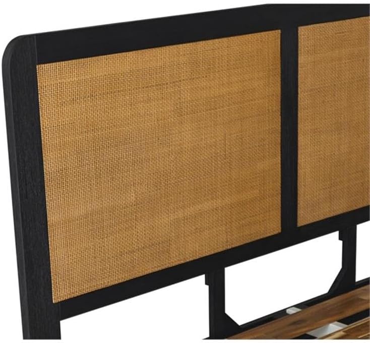 Armen Living Saratoga 3 Piece King Bedroom Set in Black Acacia Wood and Rattan