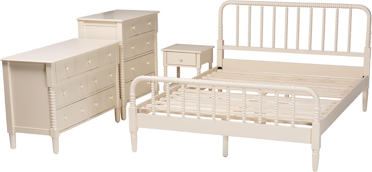 Baxton Studio Braith Farmhouse Ivory Spindle Wood King Size 4-Piece Bedroom Set
