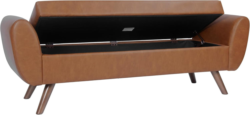 HomePop Modern Storage Bench with Wood Legs |Homepop Home Décor|Bench with Storage for Living Room & Bedroom - Faux Leather Brown