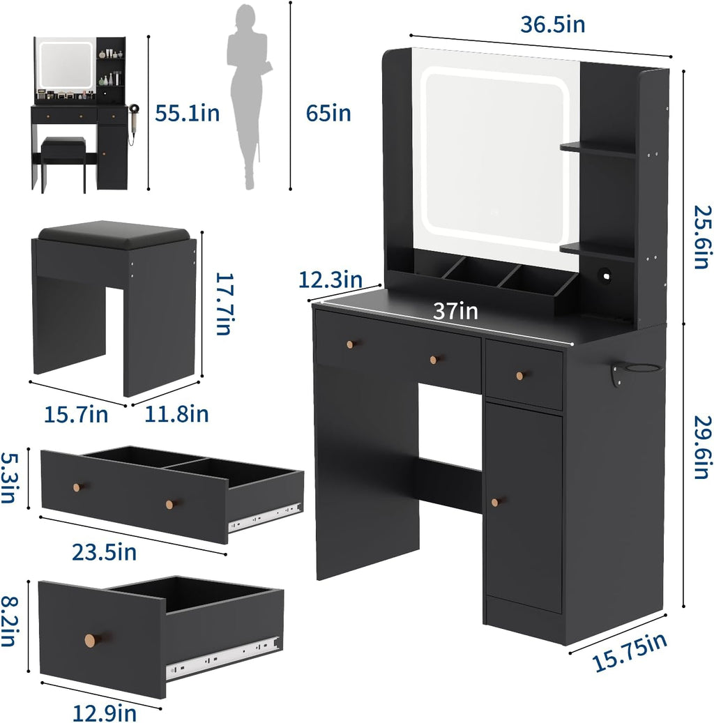 HaHarmoHaby Vanity Desk with Lighted Mirror, Makeup Vanity Table with 4 Drawers, Shelves,3 Color Modes & Adjustable Brightness, Dressing Table Set with Stool for Bedroom