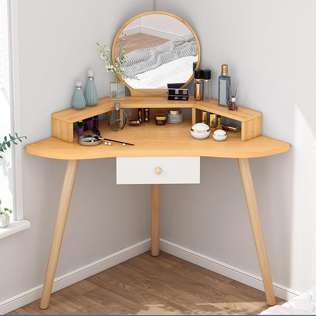 Makeup Table Vanity Corner Vanity Table with 1 Drawer，Makeup Table with Mirror, Open Shelves and Rounded Corners, for Bedroom Vanity Desk