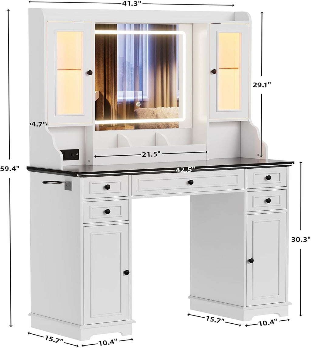 PAKASEPT Vanity Desk with Mirror and Lights, Makeup Vanity with 3 Lighting Modes& Charging Station, 5 Drawers, 4 Cabinets, Farmhouse Bedroom Vanitys for Women, Girls, Teens