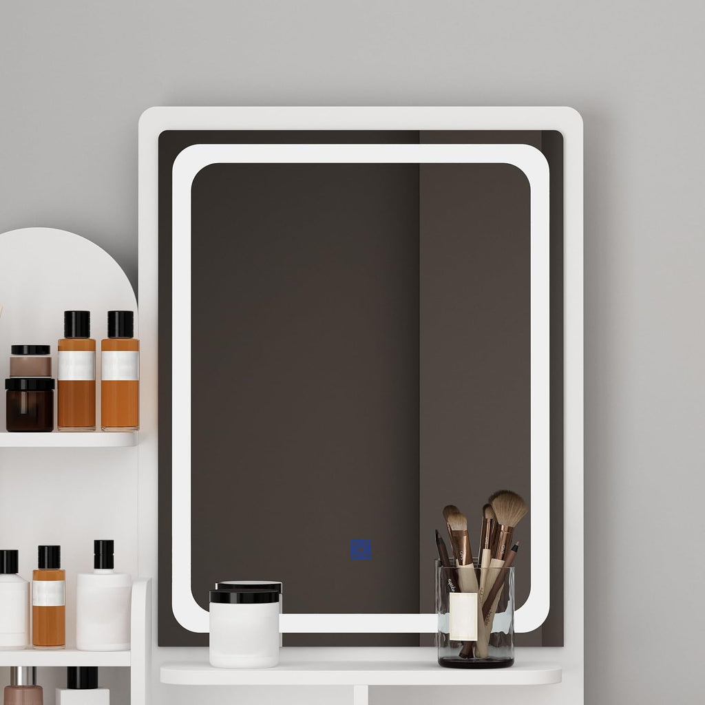 Vanity with Chair, Dressing Table with Lighted Rectangular Mirror, 5 Drawers and Shelves, Makeup Vanity Set with Storage for Bedroom, Crystal Knobs, White, 15.7' D x 31.5' W x 55.1' H