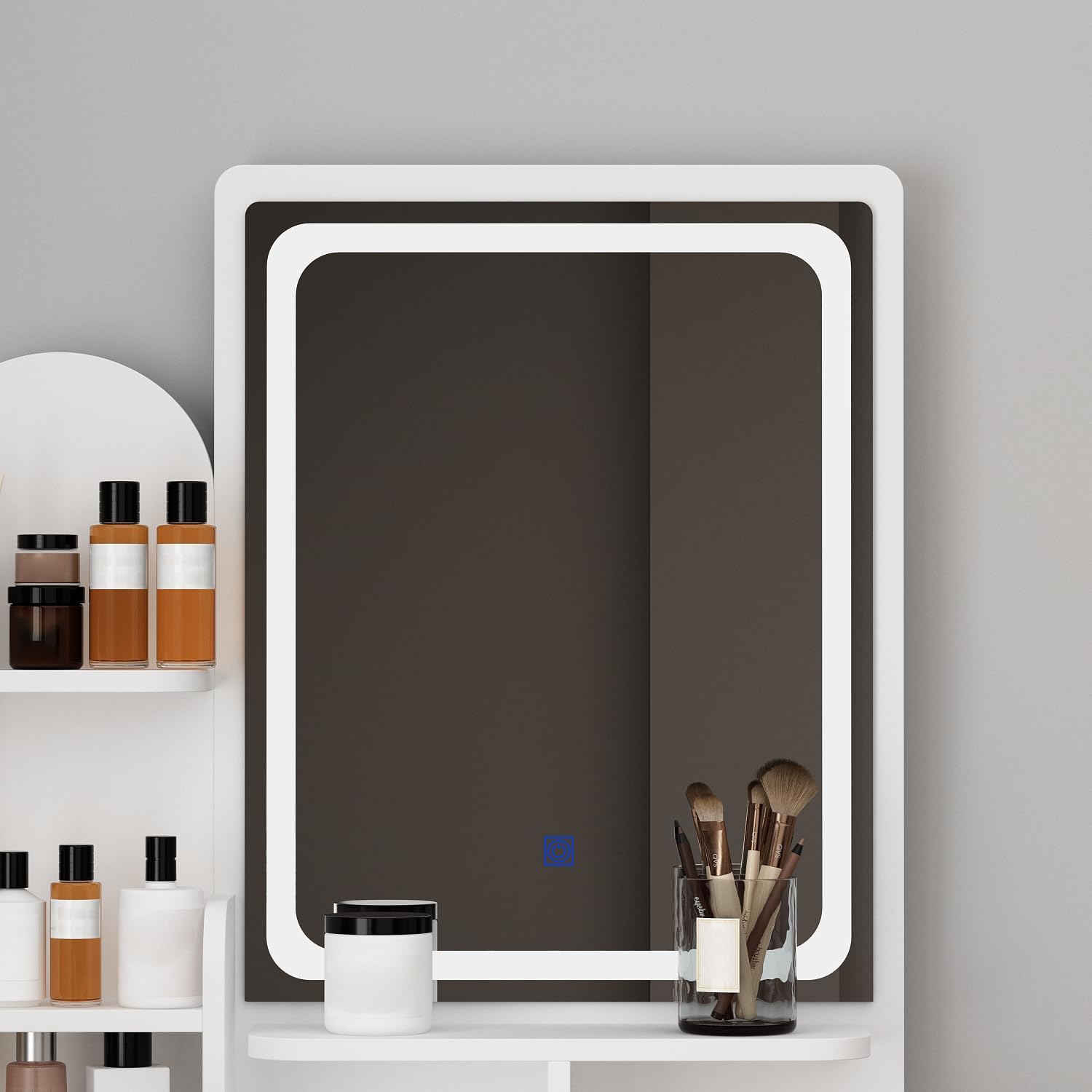 Vanity with Chair, Dressing Table with Lighted Rectangular Mirror, 5 Drawers and Shelves, Makeup Vanity Set with Storage for Bedroom, Crystal Knobs, White, 15.7' D x 31.5' W x 55.1' H