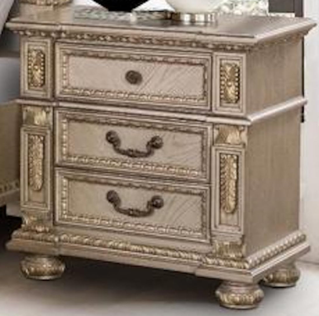 First of a Kind Carolina Gold Finish Traditional 4 Piece Queen Bedroom Set with Upholstered Tufted Headboard Ornate European Inspired Design Coordinated Furniture Collection