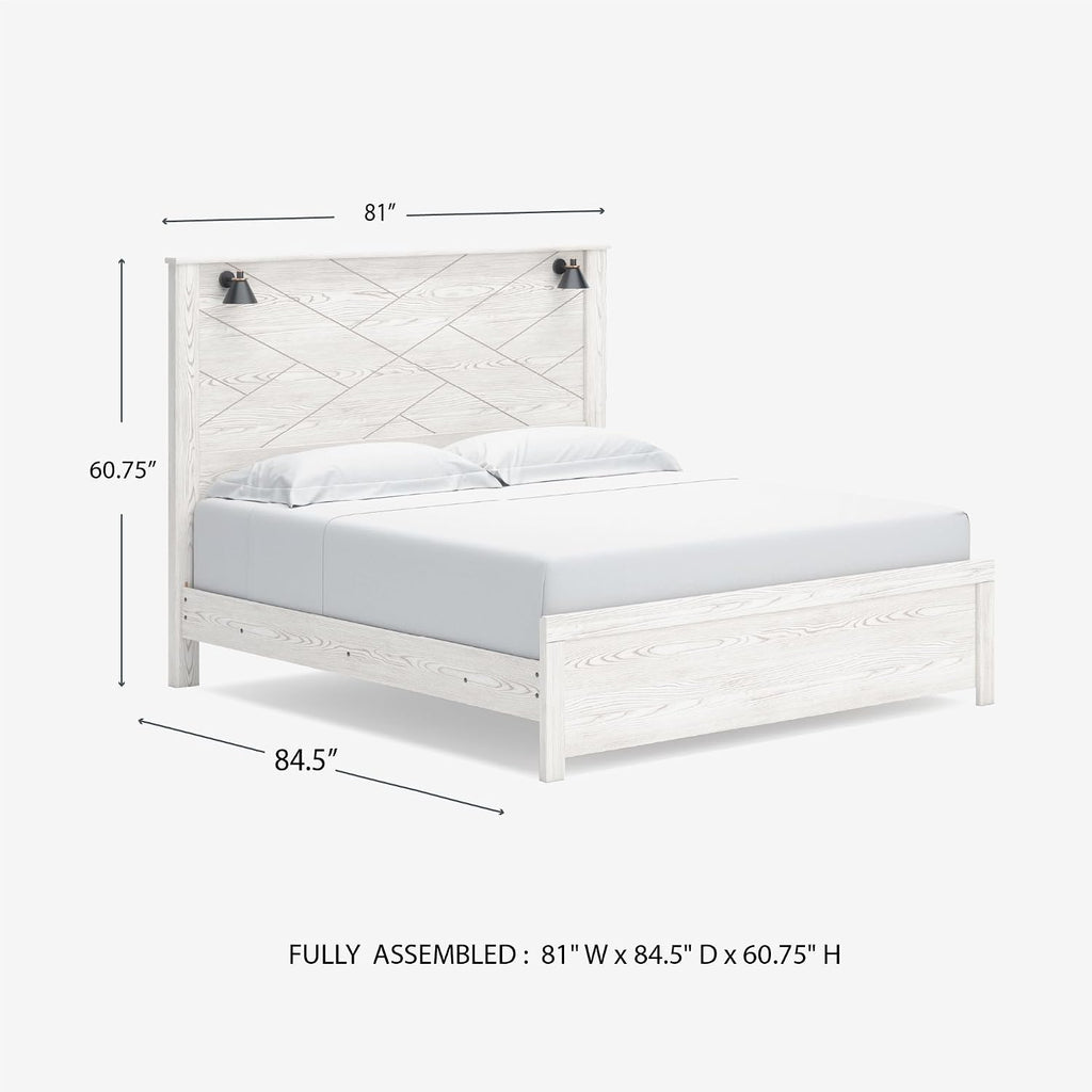 Signature Design by Ashley Gerridan Casual King Panel Bed with Sconce Lights and Metal Slats, Foundation or Box Spring Needed, White