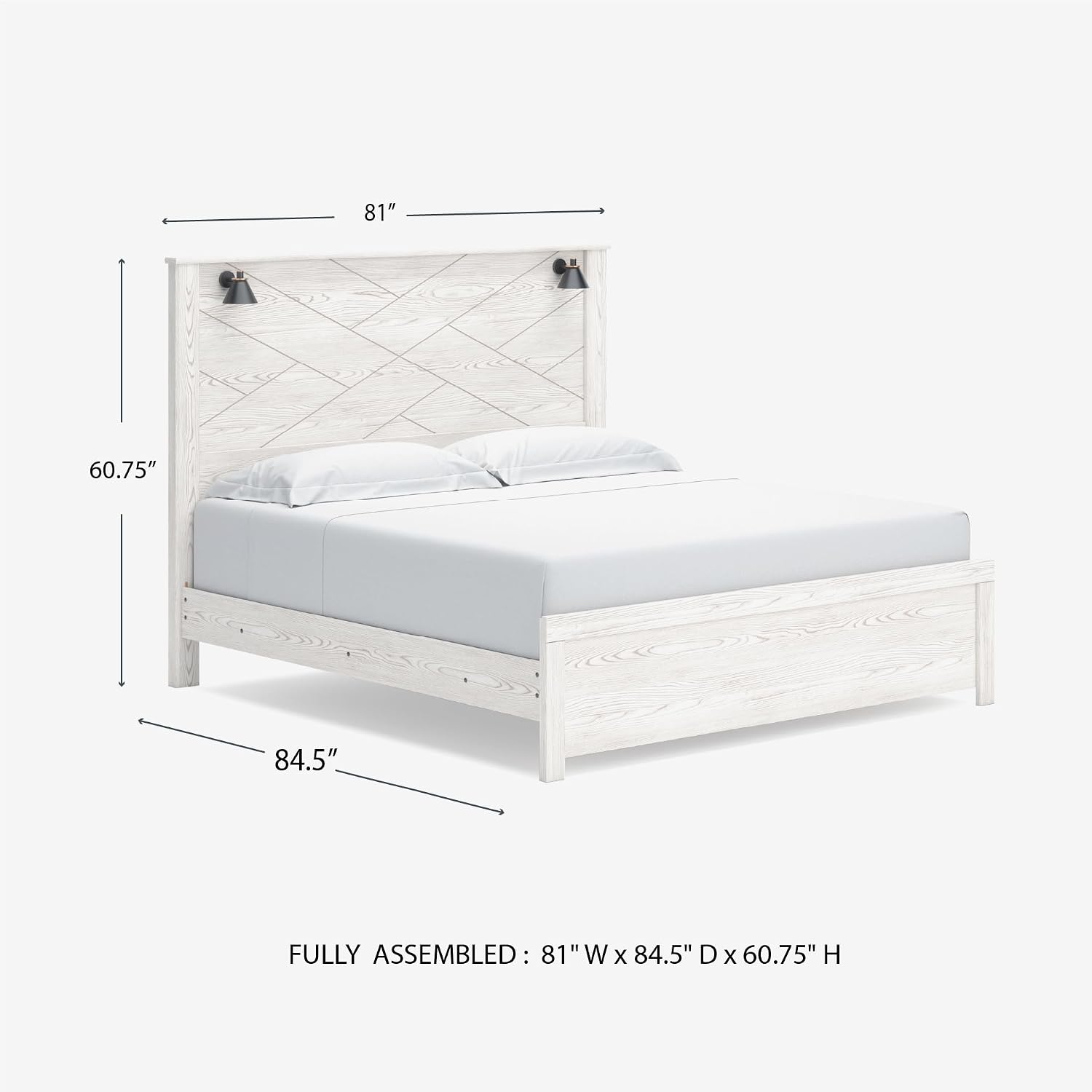 Signature Design by Ashley Gerridan Casual King Panel Bed with Sconce Lights and Metal Slats, Foundation or Box Spring Needed, White