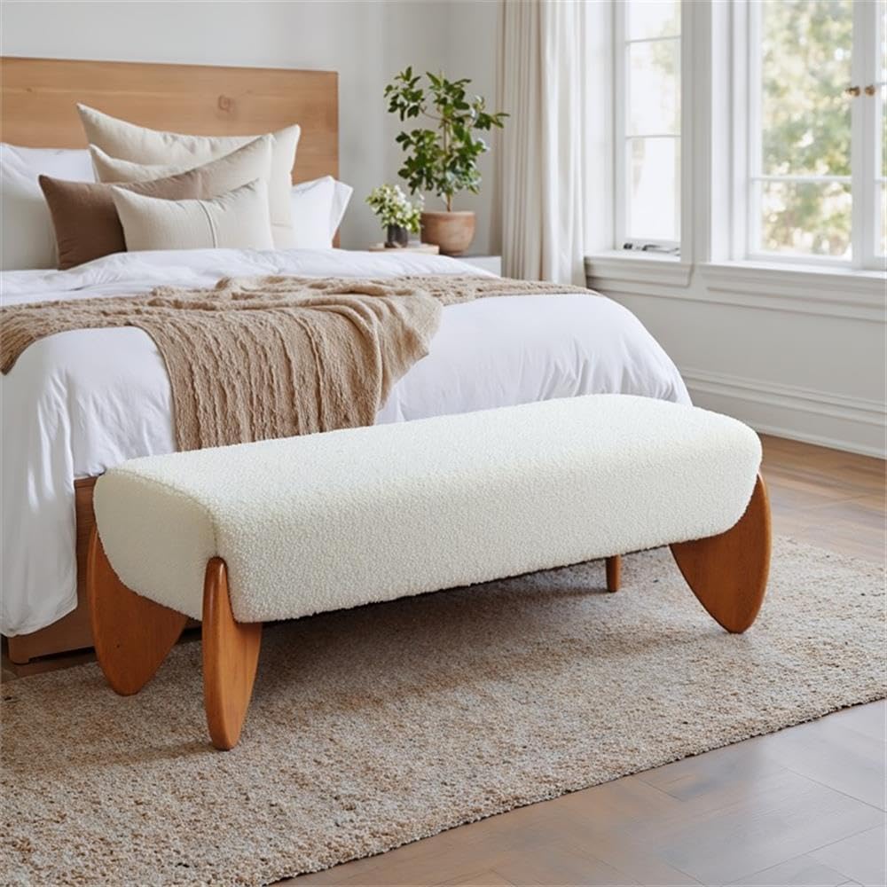 Pemberly Row Modern Solid Wood Bench, Textured Ivory Polyester Fabric, Rubberwood Legs, Seats 2, Indoor Vanity Bench, Armrest Support, Stylish Seating for Bedrooms or Living Spaces