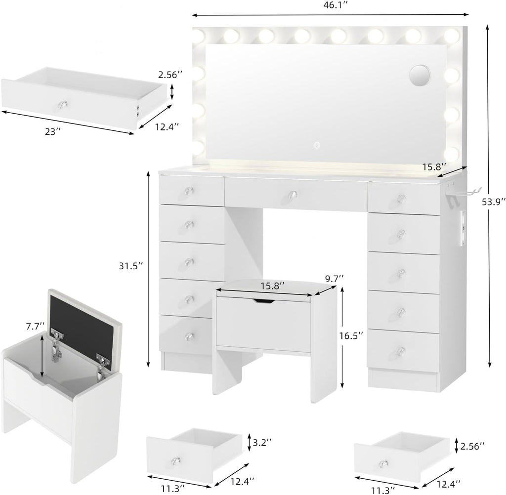 VOWNER Vanity with Lighted Mirror - Makeup Vanity Desk with Glass Top and 11 Drawers, 3 Color Lighting Modes Adjustable Brightness, 46' Vanity Table with Soft Cushioned Stool for Bedroom, White