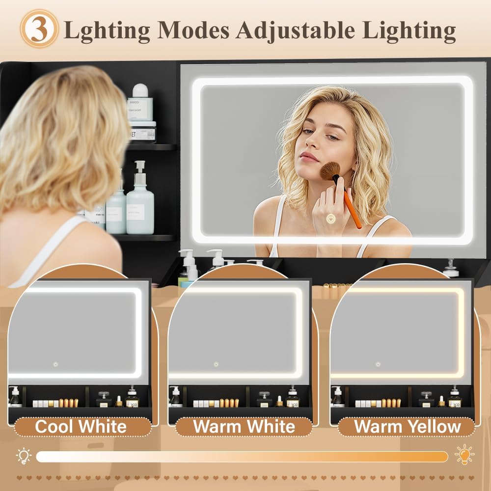 JUMMICO Makeup Vanity Desk with Mirror and Lights, L- Shaped Vanity, Modern Vanity Table with 5 Drawers & Adjustable Shelves, Power Outlet with Fast Charging, for Bedroom (Black)