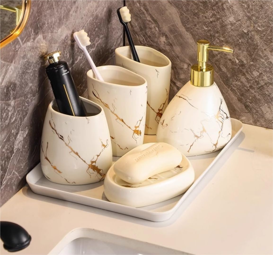 Vanity Bathroom Decor, Bathroom Accessories Set 6 Pieces Or 7 Pieces Bath Ensemble Bath Set Collection Ceramics Pattern Gift Housewarming Gift(7pcs)