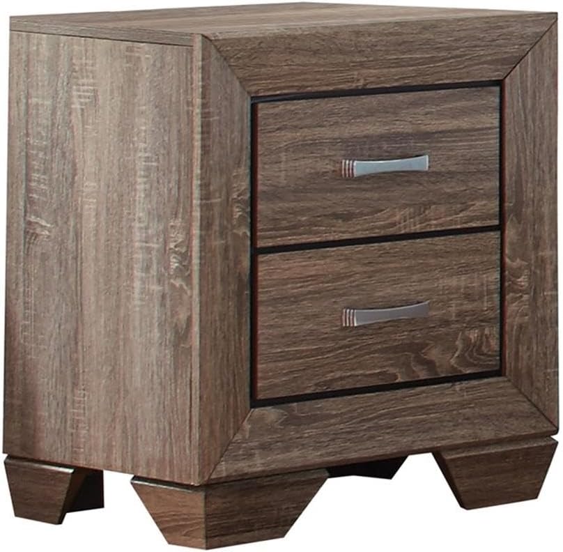 MAKLAINE Contemporary 4-Piece Eastern King Wood Bedroom Set, Washed Taupe Finish, Solid Asian Hardwood, Includes Bed, Dresser, Mirror, Nightstand, Oak Wood Grain, Chrome Handles, Transitional Style,