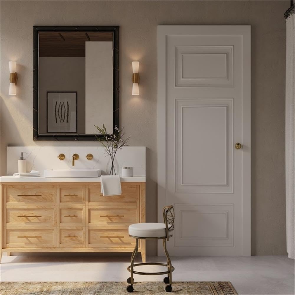 Pemberly Row Modern X-Back Vanity Bench, 27.5 in Tall, Gold Powder-Coated Metal Frame, White Leatherette Upholstered Seat, Casters for Easy Mobility, Elegant Bathroom or Dressing Room Seating