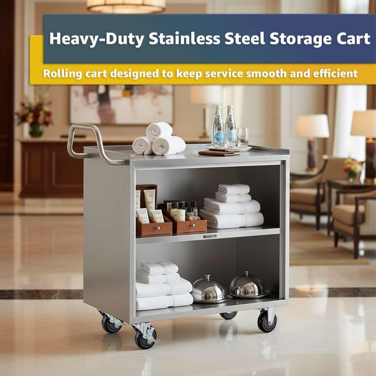 18' x 30' Stainless Steel Utility Cart with Enclosed Base and Open Front - 3 Shelf Heavy-Duty Commercial Service Cart - NSF Rolling Cart for Kitchen, Catering, Restaurant Storage