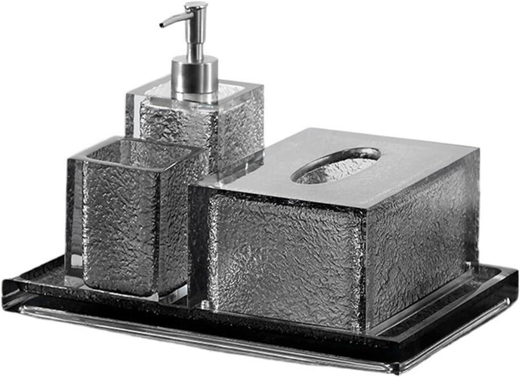 Beautiful Black Translucent Resin Bathroom Accessory Set, 4 Pieces Accessories Complete Vanity Countertop, Includes Soap Dispenser, Cup, Tissue Box and Tray Bathroom Decor