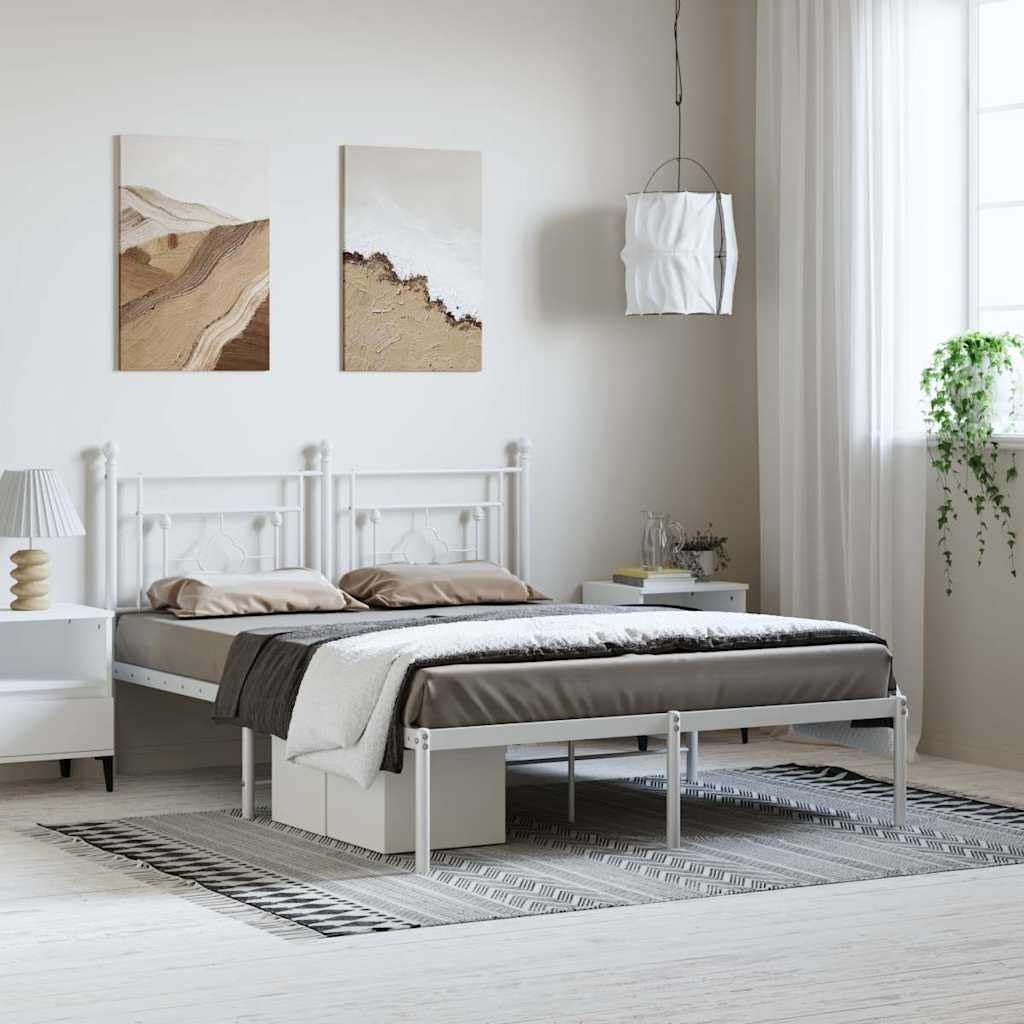 White Powder-Coated Steel Double Bed Frame with Headboard, 78x81.5 Inches, Underbed Storage Space, Modern Design for Adults, Durable Metal Construction, Breathable Material,