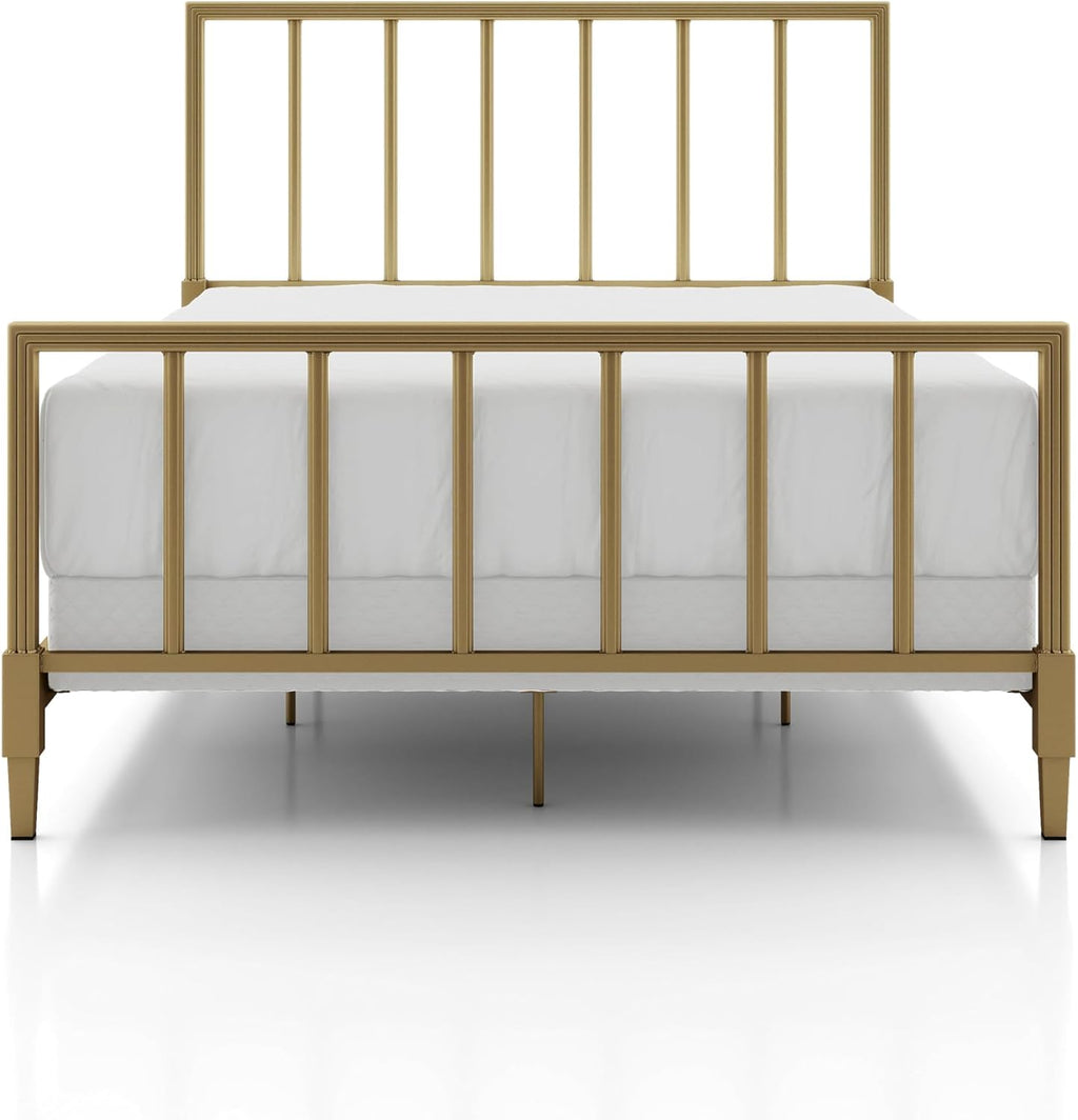Furniture of America Blair Modern Metal Full Size Bed Frame with Subtle Reeded Lines, Sturdy Bedframe for Bedroom, Guest Room, Box Spring Required, Gold